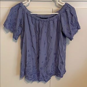 Periwinkle blue embroidered off the shoulder top